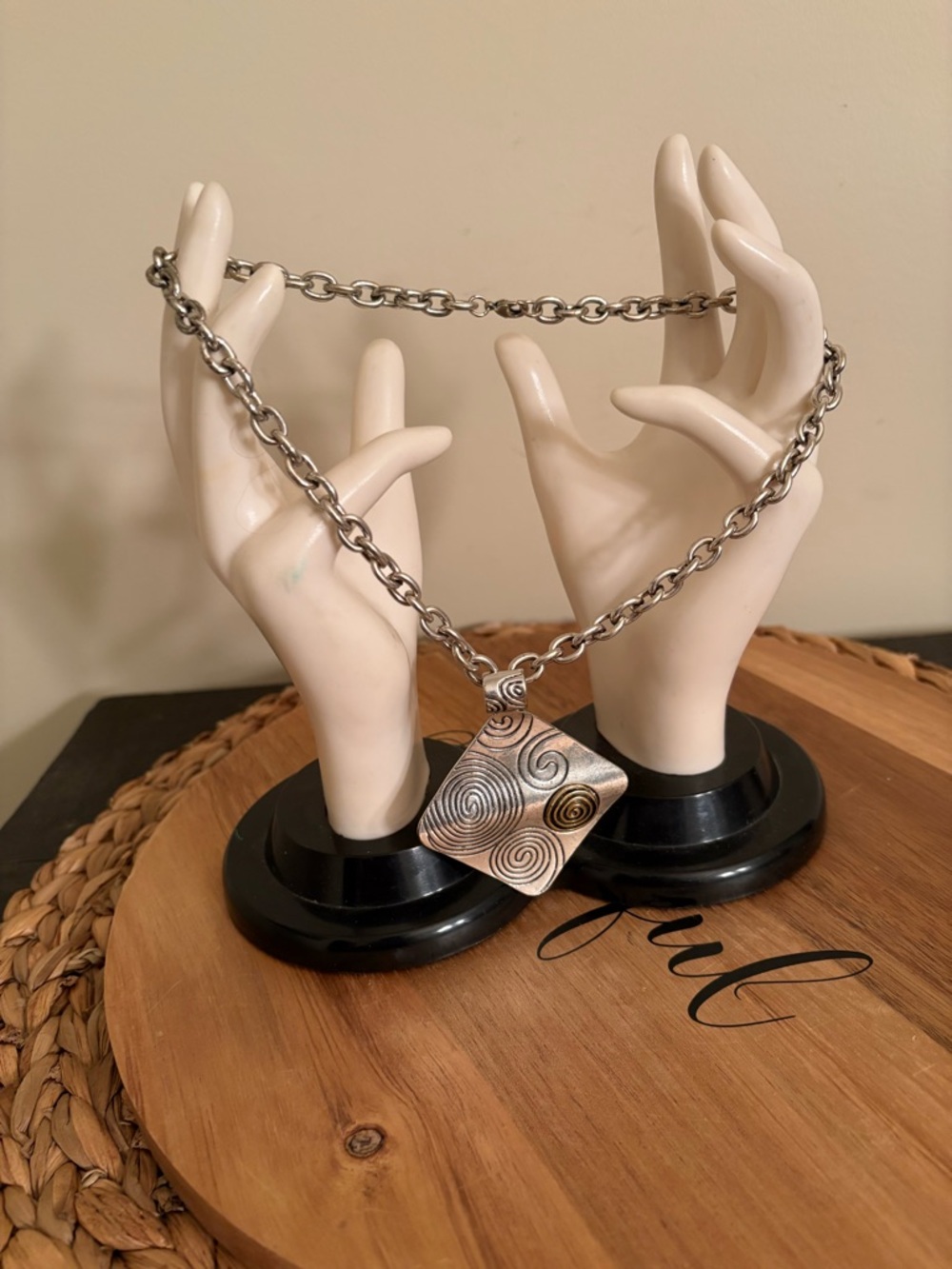 Sterling-Tone Spiral Square Pendant Necklace with Gold Accent